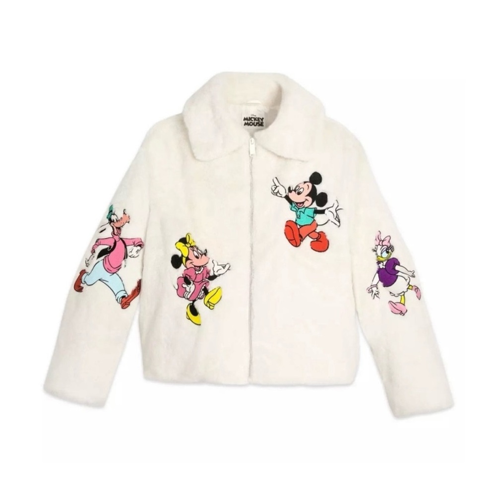 Disney Cream Faux Fur Jacket with Iconic Characters